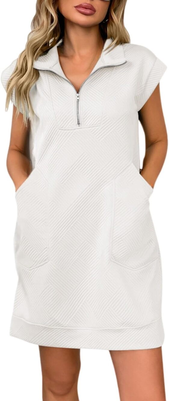 Women's Casual Dresses Collar Half Zip Cap Sleeve Mini Dress w/Pockets Casual